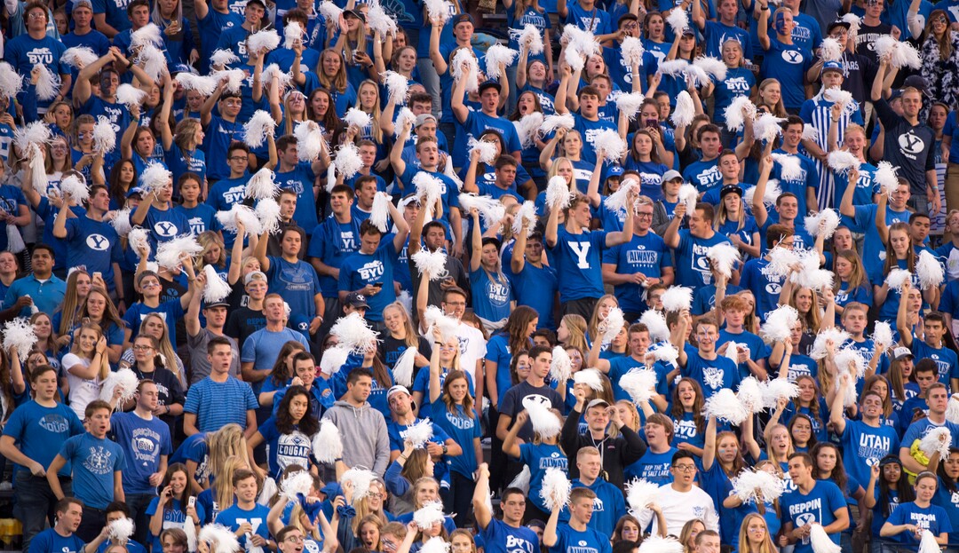 (Rick Egan  |  The Salt Lake Tribune)  Brigham Young Cougar fans cheer before the big game at Lavell Edwards Stadium in Provo, Saturday, September 9, 2017.