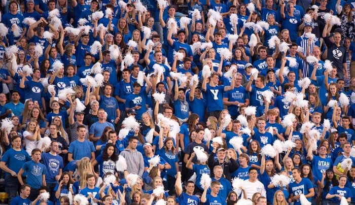 (Rick Egan  |  The Salt Lake Tribune)  Brigham Young Cougar fans cheer before the big game at Lavell Edwards Stadium in Provo, Saturday, September 9, 2017.


