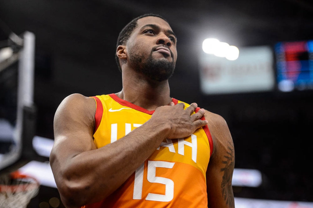 (Trent Nelson | The Salt Lake Tribune)  Utah Jazz forward Derrick Favors (15) as the Utah Jazz host the Oklahoma City Thunder, NBA basketball in Salt Lake City on Monday March 11, 2019.