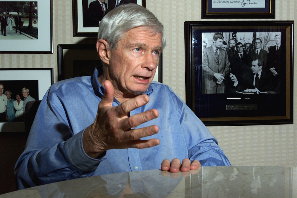 (Rick Bowmer | The Associated Press) Fred Malek gestures during an interview with the Associated Press in his Washington office Thursday, May 16, 2002. Fred Malek, a Washington-area business executive who led Marriott Hotels and Northwest Airlines, raised millions for the Republican Party and advised four presidents during a career that was shadowed by his role in President Richard Nixon's crusade against a "Jewish cabal" in the government, died Sunday. He was 82.