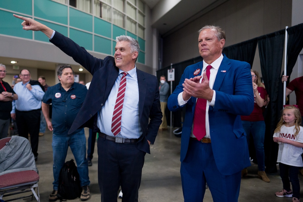 (Trent Nelson  |  The Salt Lake Tribune) Phil Lyman and Layne Bangerter celebrate at the Utah Republican Nominating Convention in Salt Lake City on Saturday, April 27, 2024.