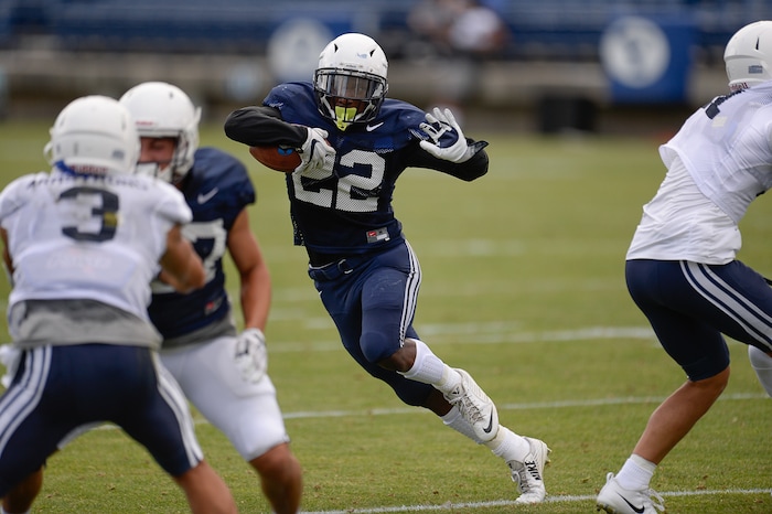 (Francisco Kjolseth  |  The Salt Lake Tribune)  Squally Canada maneuvers for an opening as BYU holds a scrimmage at LaVell Edwards Stadium in Provo on Thursday, Aug. 10, 2017.