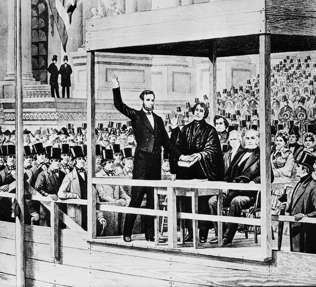 (Associated Press) This images shows a depiction of Abraham Lincoln taking the oath of office as the 16th president of the United States administered by Chief Justice Roger B. Taney in front of the U.S. Capitol in Washington, on March 4, 1861.