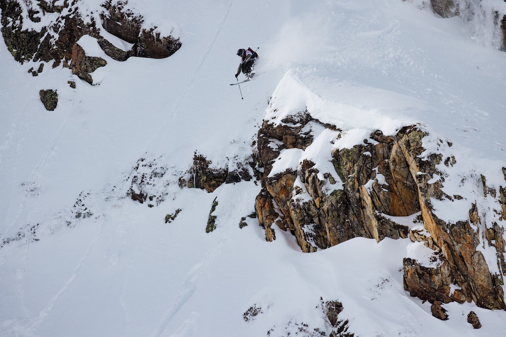 (Jeremy Bernard | Freeride World Tour) Ross Tester of Salt Lake City soars off a cliff during a 2026 Freeride World Tour event. Utah 2034 organizers are "very interested" in bringing the extreme ski and snowboard event to their Winter Olympics.
