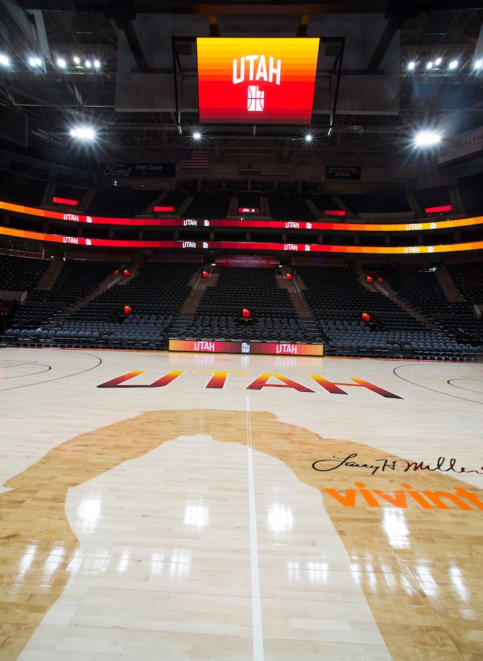 (Rick Egan  |  The Salt Lake Tribune)    The Utah Jazz will play on their new City edition court with their City Edition Uniforms, Tuesday night. Monday, January 29, 2018.