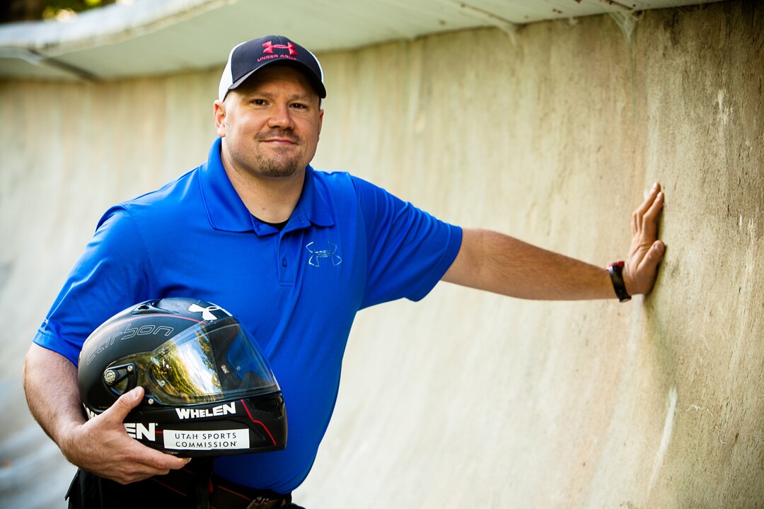 5 September, 2013; World Champion Bobsled Driver Steven Holcomb poses at the Olympic Sports Complex Bobsled track near Lake Placid, N.Y. (Photo/Todd  Bissonette)
