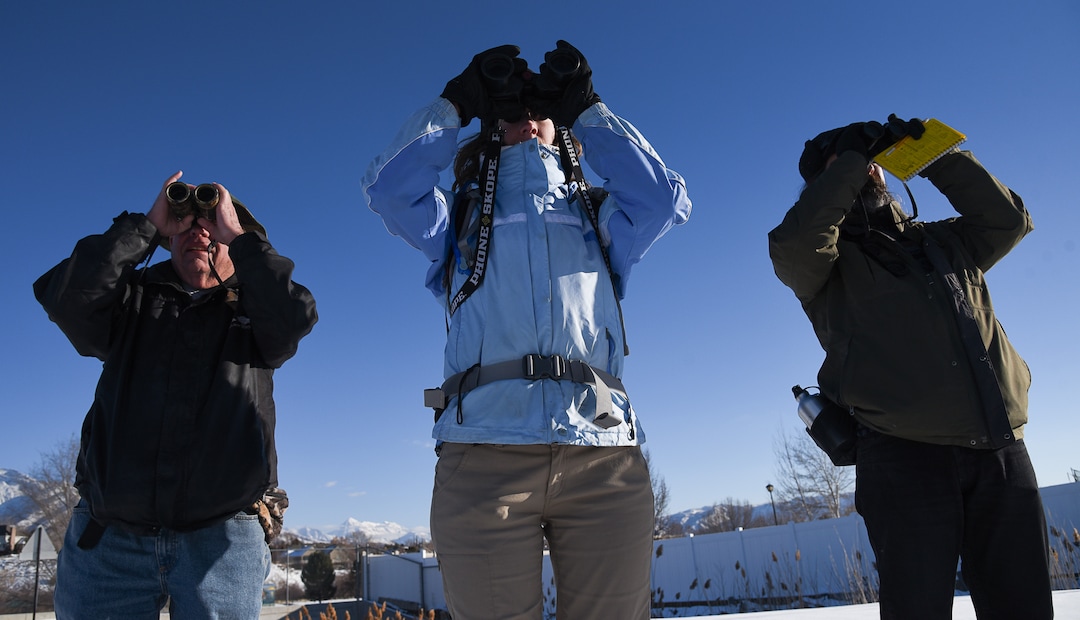(Francisco Kjolseth  |  The Salt Lake Tribune)  Neldon Kunz, Connie Misket and Bryant Olsen, from left, count birds as the Audubon members walked a long stretch of the Jordan River from Bangerter Highway to South Jordan on New Year's Day counting birds as part of the annual survey, now its 119th year, done by multiple members across Utah.