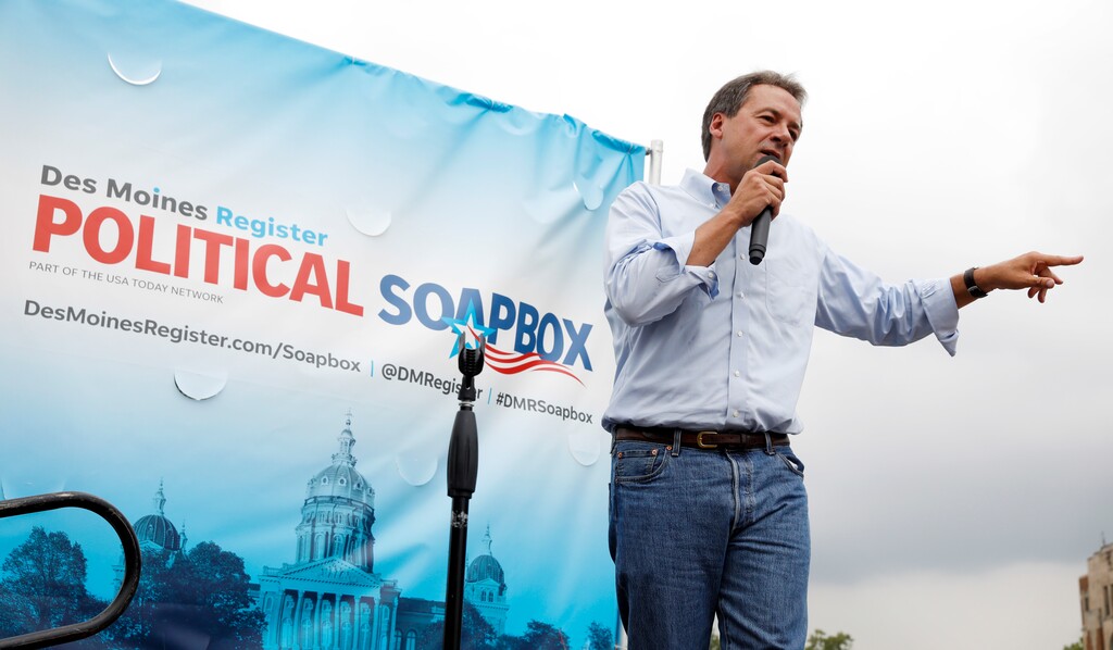 Montana Gov. Steve Bullock speaks at the Des Moines Register Soapbox during a visit to the Iowa State Fair, Thursday, Aug. 16, 2018, in Des Moines, Iowa. (AP Photo/Charlie Neibergall)