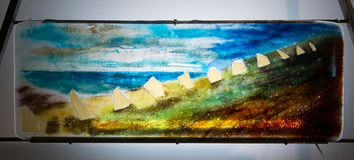 (Rick Egan  |  The Salt Lake Tribune)      Maastricht, Holland, Unidentified sanctuary, is part of the the McDonald Windows, stained glass exhibit, "Remembered Light," which features fragments from World War II windows. The exhibit brought to Utah by the Salt Lake Interfaith Roundtable & the Peace Committee of the Utah District of Rotary International. The exhibit runs through Nov 17, at 175 South Main, in Salt Lake City. Monday, Oct. 29, 2018.



