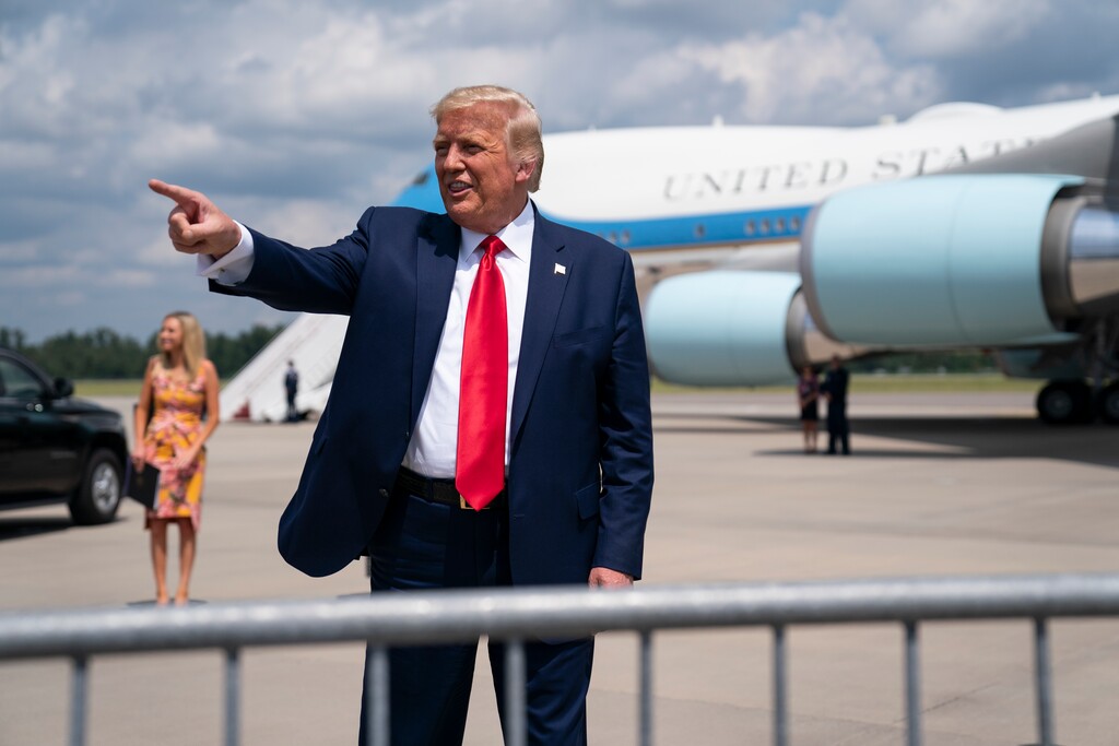 (Evan Vucci | AP)  President Donald Trump talks to a crowd of supporters after arriving at Wilmington International Airport, Wednesday, Sept. 2, 2020, in Wilmington, N.C.
