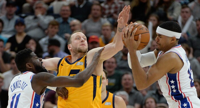(Francisco Kjolseth  |  The Salt Lake Tribune)  Utah Jazz forward Joe Ingles (2) pressures Philadelphia 76ers forward Tobias Harris (12) as the Utah Jazz host the Philadelphia 76ers in their NBA basketball game at Vivint Smart Home Arena in Salt Lake City on Wednesday, Nov. 6, 2019.