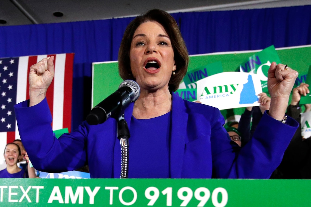 (Robert F. Bukaty | AP) Democratic presidential candidate Sen. Amy Klobuchar, D-Minn., speaks at her election night party, Tuesday, Feb. 11, 2020, in Concord, N.H.