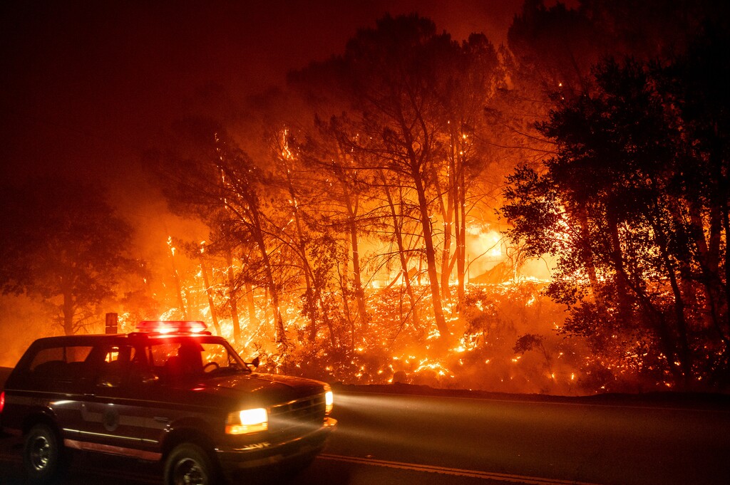 A fire vehicle passes burning trees on Pleasants Valley Rd. near Winters, Calif., as the LNU Lightning Complex fires tear through the area on Wednesday, Aug. 19, 2020. Fire crews across the region scrambled to contain dozens of wildfires sparked by lightning strikes as a statewide heat wave continues. (AP Photo/Noah Berger)
