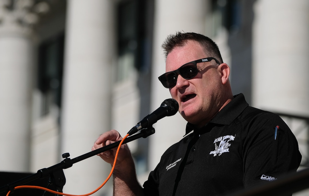 (Francisco Kjolseth  |  The Salt Lake Tribune) Clark Aposhian, Chairman of the Utah Shooting Sports Council, kicks off a pro gun rally at the Utah Capitol in Salt Lake City on Saturday, Feb. 8, 2020, in response to recent proposals from legislators, including red-flag laws, universal background checks and the elimination of private transfers.