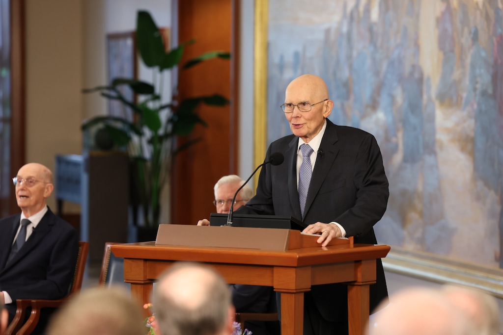 (The Church of Jesus Christ of Latter-day Saints) President Dallin H. Oaks gives remarks during an event announcing the reorganization of the First Presidency of the church at an event in Salt Lake City, Tuesday, Oct. 14, 2025.
