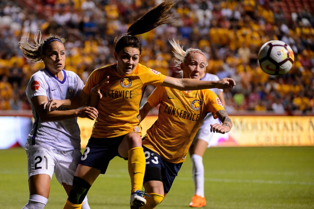 (Trent Nelson | The Salt Lake Tribune)
Utah Royals host Orlando Pride at Rio Tinto Stadium in Sandy, Wednesday May 9, 2018. Orlando Pride defender Monica Hickmann Alves (21), Utah Royals FC defender Brooke Elby (13), and Utah Royals FC midfielder Gunnhildur Jónsdóttir (23).