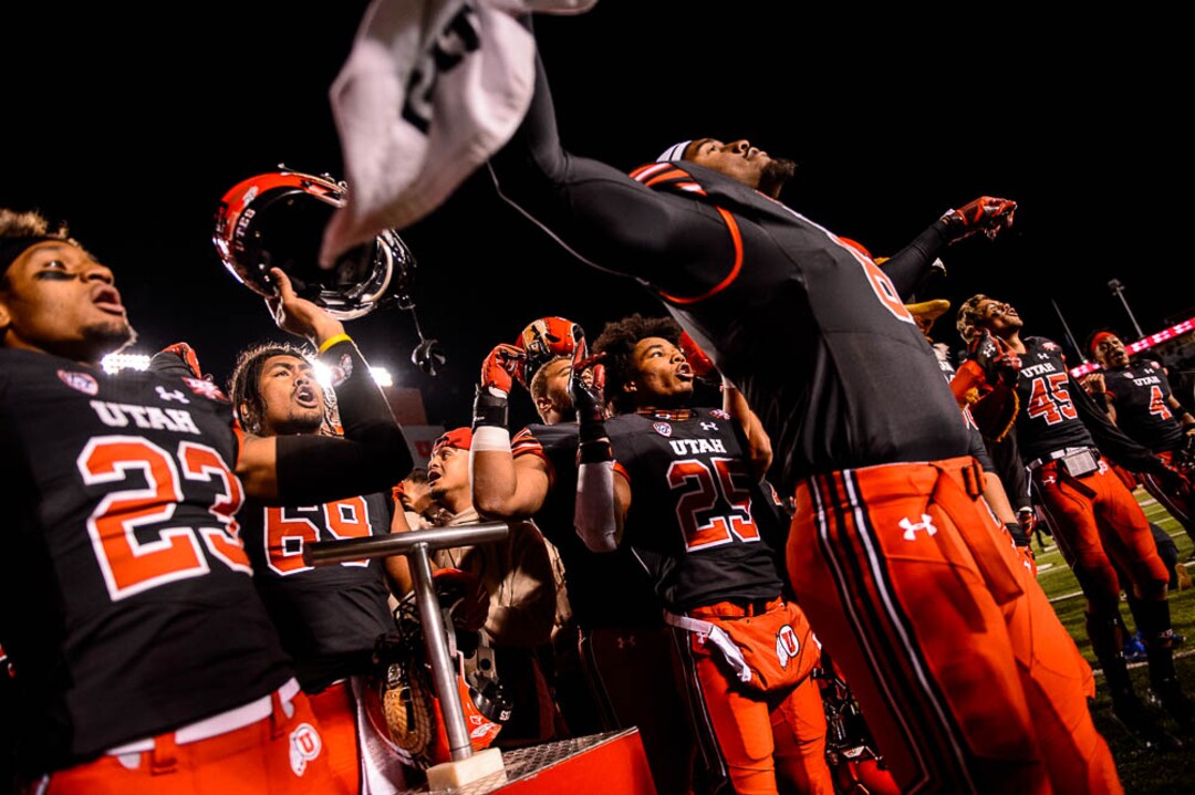 (Trent Nelson | The Salt Lake Tribune)  Utah players celebrate the win. Utah Utes host the Oregon Ducks, NCAA football at Rice-Eccles Stadium in Salt Lake City on Saturday Nov. 10, 2018.
