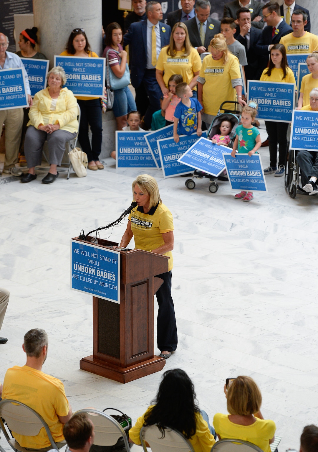 (Francisco Kjolseth  |  The Salt Lake Tribune)  Mary Taylor, president of Pro-Life Utah speaks to those gathered at the Utah Capitol on Wed. June 19, 2019, as Abortion-Free Utah launches a public campaign to end elective abortion in the state of Utah during the press event.