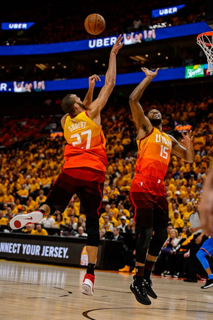 (Trent Nelson | The Salt Lake Tribune)  
Utah Jazz host the Oklahoma City Thunder, Game 3, NBA playoff basketball in Salt Lake City, Saturday April 21, 2018. Utah Jazz center Rudy Gobert (27) and Utah Jazz forward Derrick Favors (15).