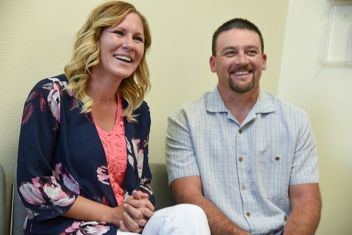 (Francisco Kjolseth | The Salt Lake Tribune) Savannah Eley gets a visit from detective John Barnett, one of two officers who she said turned her life around. Now two and a half years clean, Eley is helping others recover from addiction at the Southeast Utah Health Department in Price.