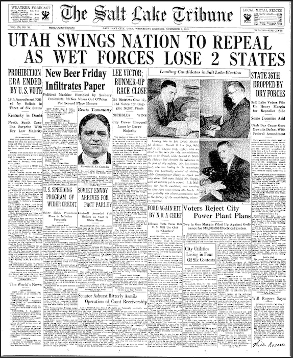 (The Salt Lake Tribune) The front page of The Salt Lake Tribune in 1933, when the state cast the deciding vote ending Prohibition.