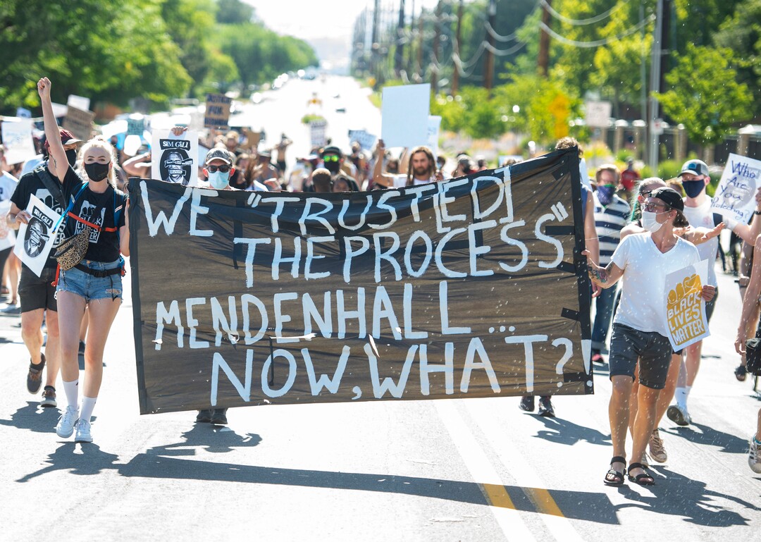 (Rick Egan  |  The Salt Lake Tribune)     Protesters march up Sunnyside Venue during a march for Justice onSunday, July 12, 2020.