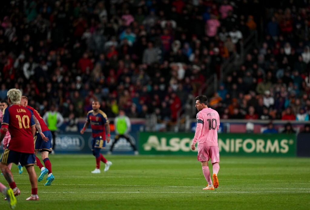 (Bethany Baker  |  The Salt Lake Tribune) Inter Miami CF midfielder Lionel Messi (10) walks across the pitch at America First Field in Sandy.