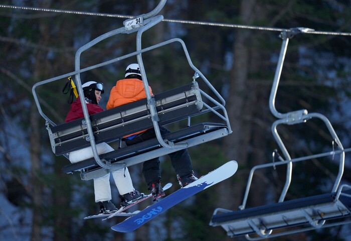 (Bethany Baker | The Salt Lake Tribune) Two people ride the lift at Sundance Resort near Provo on Thursday, Dec. 14, 2023.