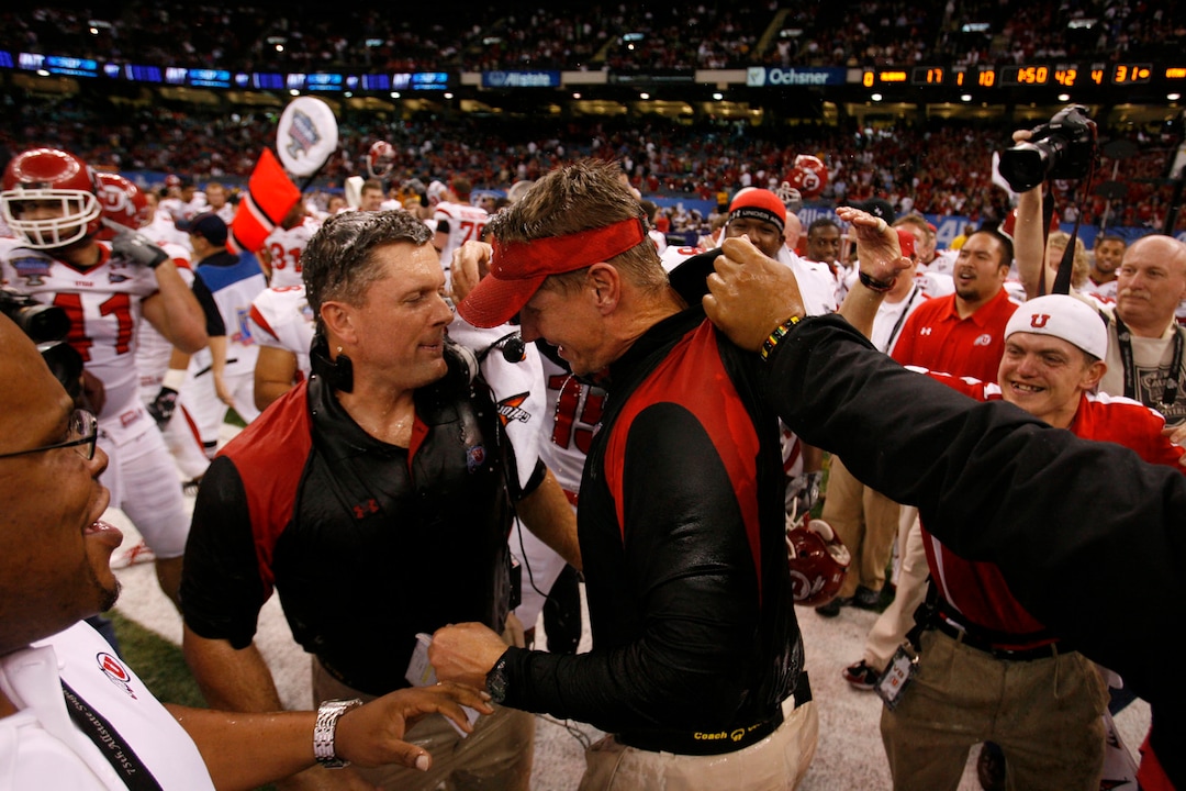 Utah head coach Kyle Whittingham and defensive coordinator Gary Anderson celebrate after the Utes defeated Alabama in the 75th annual Sugar Bowl in New Orleans, Friday, January 2, 2009.Scott Sommerdorf/The Salt Lake Tribune