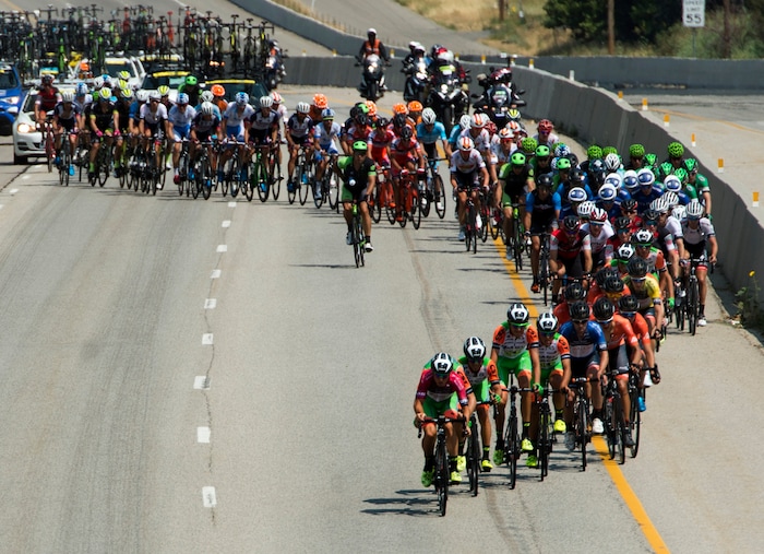 (Rick Egan  |  The Salt Lake Tribune)  The peloton makes it's way up Highway 89 in Layton, in the Tour of Utah stage 5, Friday, August 4, 2017.


