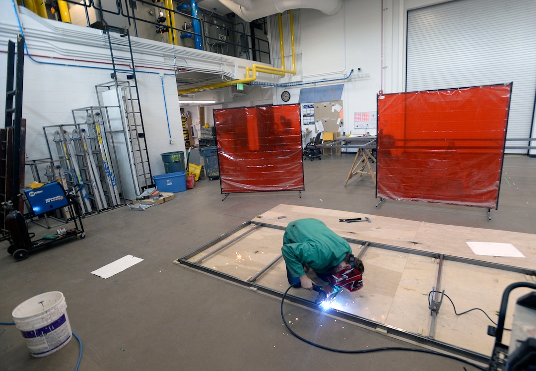 (Al Hartmann  |  The Salt Lake Tribune) 	Utah State University is getting ready to reopen the renovated Chase Fine Arts Center, an arts complex that includes the totally remodeled Daines Concert Hall.  USU sophomore Dylan Rice welds a prop in The Art and Mary Heers Scene Shop.  