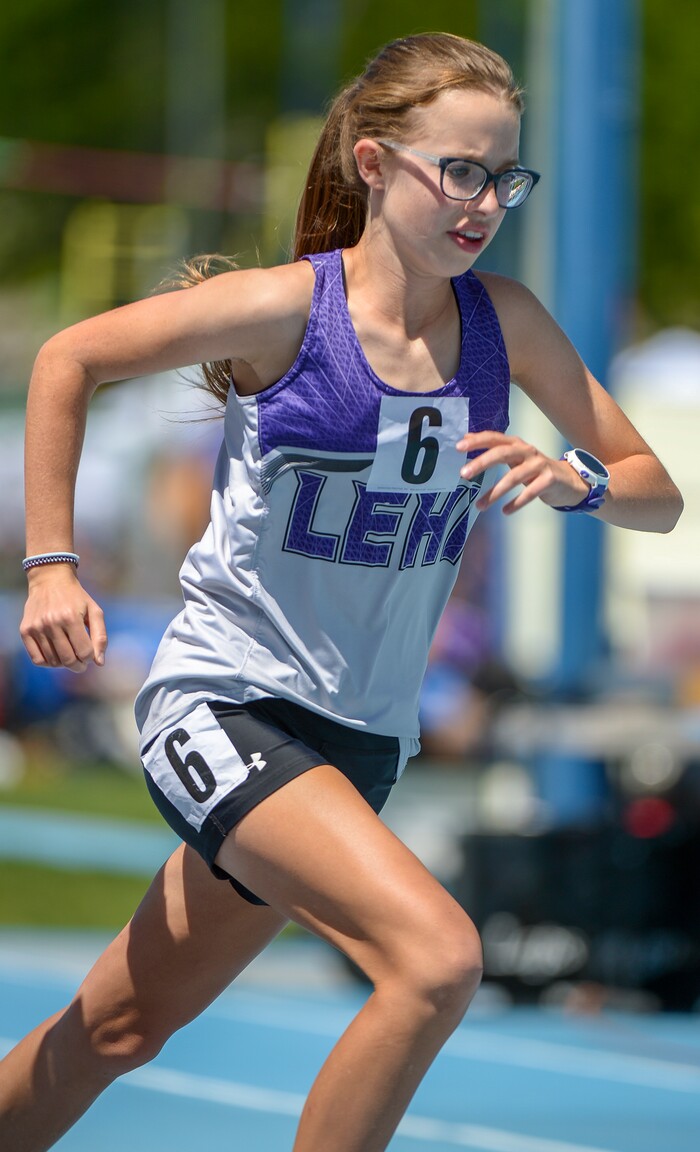 (Leah Hogsten | The Salt Lake Tribune) Lehi's Anna Martin took 1st in the 4A Girls' 3200 Meter, outpacing the 5A and the 6A runners with a time of 10:46.59 at the 2018 Utah UHSAA State Track and Field Championships at Clarence Robison Track on the campus of Brigham Young University in Provo, Thursday, May 17, 2018.