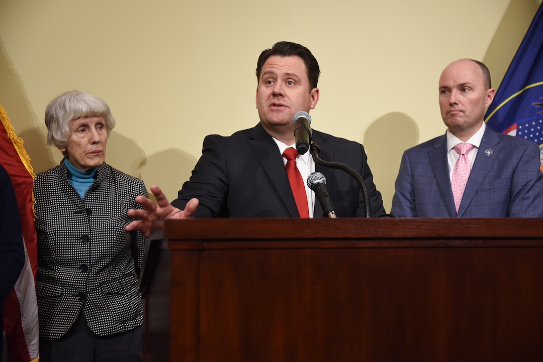 (Francisco Kjolseth  |  The Salt Lake Tribune)  Preston Cochrane with Shelter the Homeless is joined by homeless community advocate Pamela Atkinson and Lt. Gov. Spencer Cox as the Homeless Resource Center Transition Team presents the planned timeline for the transition from the downtown shelter to the three new homeless resource centers during a press event at the Utah Capitol on Wed. Jan. 23, 2019. The downtown shelter will close this fall, and a team consisting of the state of Utah, Salt Lake City, Salt Lake County, community advocates, resource center operators and more are working in unison to finalize plans, work through potential issues and ensure a smooth transition for clients and service providers.
