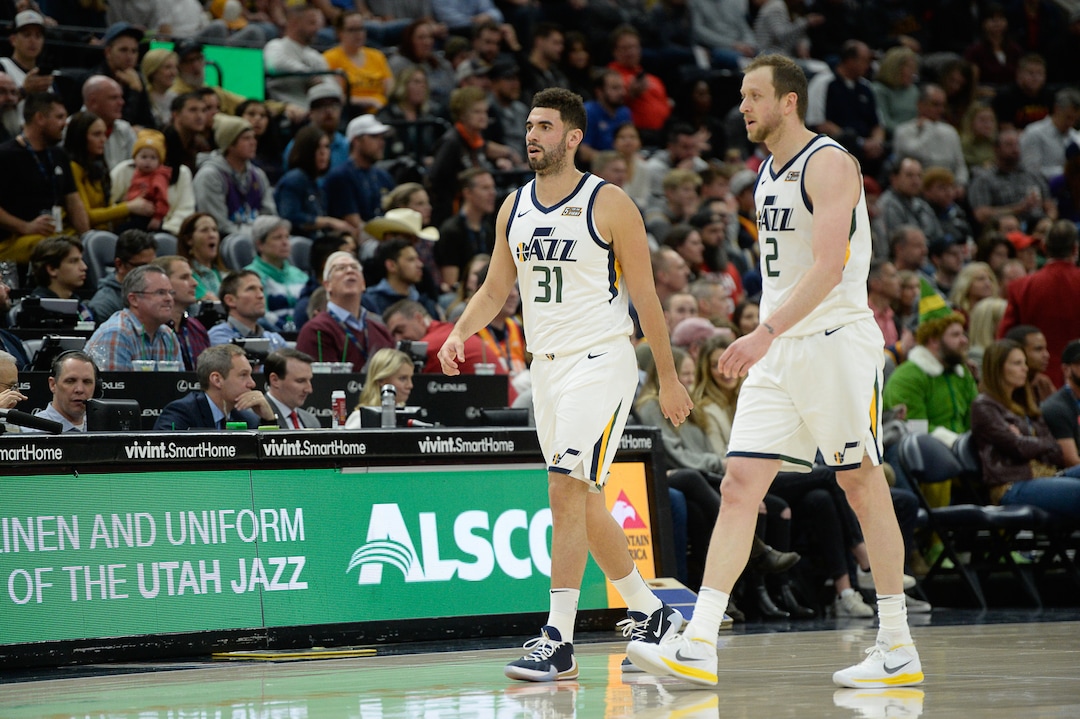 (Francisco Kjolseth  |  The Salt Lake Tribune)  Utah Jazz forward Georges Niang (31) and Utah Jazz forward Joe Ingles (2) take a time out as the Utah Jazz host the Oklahoma City Thunder in their NBA basketball game at Vivint Smart Home Arena in Salt Lake City on Mon. Dec. 9, 2019.