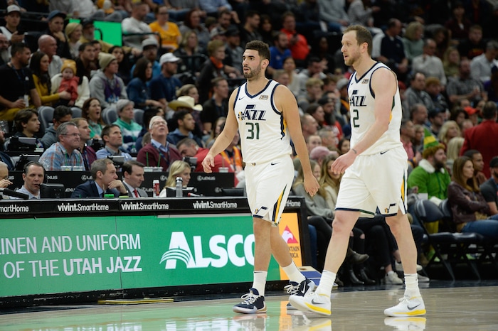 (Francisco Kjolseth  |  The Salt Lake Tribune)  Utah Jazz forward Georges Niang (31) and Utah Jazz forward Joe Ingles (2) take a time out as the Utah Jazz host the Oklahoma City Thunder in their NBA basketball game at Vivint Smart Home Arena in Salt Lake City on Mon. Dec. 9, 2019.