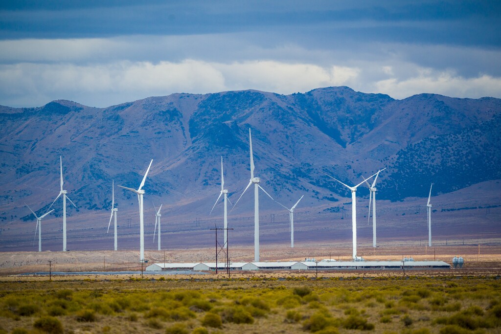 (Trent Nelson  |  The Salt Lake Tribune) Wind turbines and hog farms north of Milford on Tuesday, Oct. 5, 2021. A bill proposed in the Utah Legislature would end the tax breaks for wind and solar farms in 10 years. A Beaver County commissioner opposes the bill, saying the breaks have helped Beaver County families.