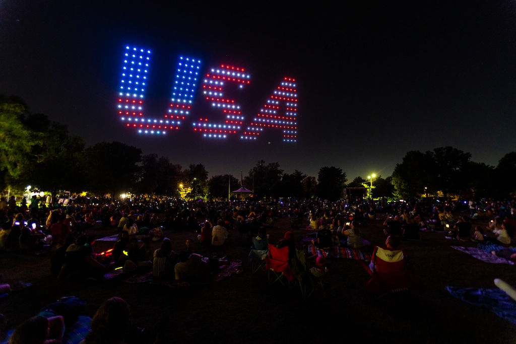(Photo provided by the Salt Lake City Public Lands Department) Drones fly in the sky during a Salt Lake City drone show for July Fourth in Jordan Park in 2025.