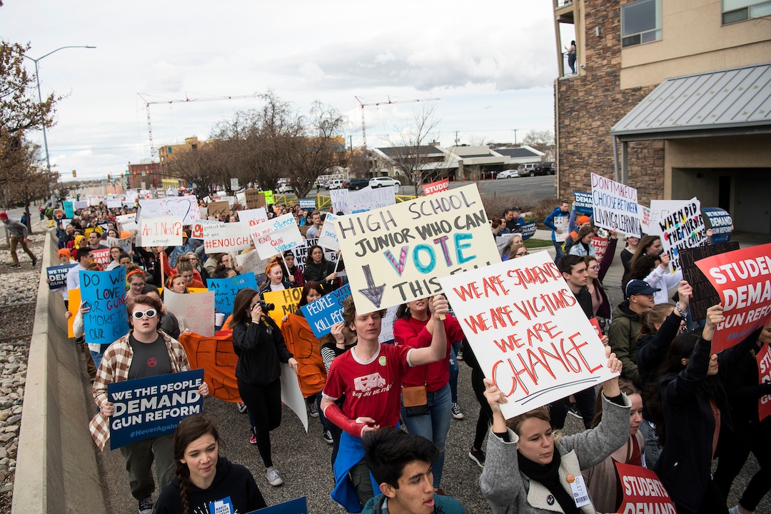 (Chris Detrick  |  The Salt Lake Tribune)  Participants march from West High School to the state Capitol during the March for Our Lives SLC Saturday, March 24, 2018. The student-led March for Our Lives SLC got underway about 11:30 a.m. with what police estimated were 8,000 participants walking from Salt Lake CityÕs West High School to the front steps of the state Capitol.