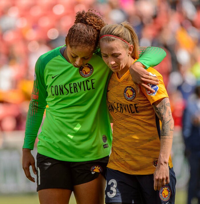(Trent Nelson | The Salt Lake Tribune)  
Utah Royals FC hosts the Chicago Red Stars, at Rio Tinto Stadium in Sandy, Saturday April 14, 2018. Utah Royals FC goalkeeper Abby Smith (1) and Utah Royals FC midfielder Gunnhildur Jónsdóttir (23).