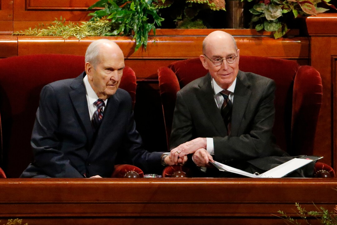 (Rick Bowmer | AP) The Church of Jesus Christ of Latter-day Saints' President Russell M. Nelson, left, sits with his counselor Henry B. Eyring, right, during the twice-annual church conference Saturday, Oct. 5, 2019, in Salt Lake City. Nelson has rolled out a number of policy changes during his first two years at the helm of the faith, leading to heightened anticipation for what he may announce at this weekend's conference in Salt Lake City.