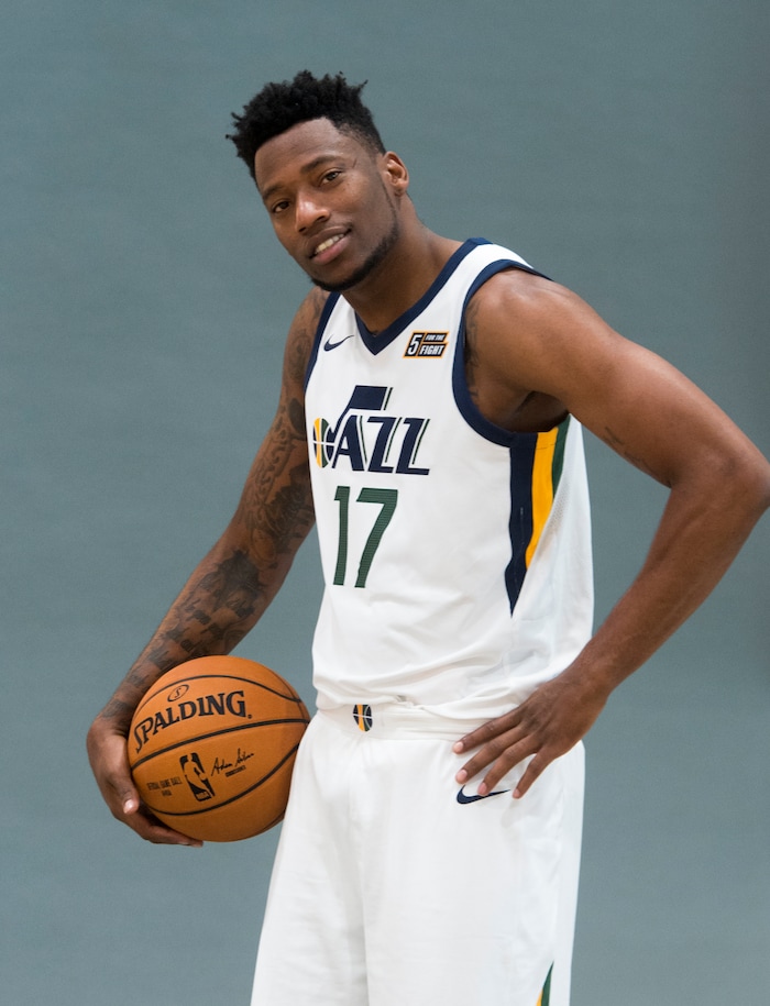 (Rick Egan  |  The Salt Lake Tribune) Utah Jazz guard Dante Exum poses for a photo, during the Utah Jazz media day, at the Zions Bank Basketball Center, Monday, September 25, 2017.



