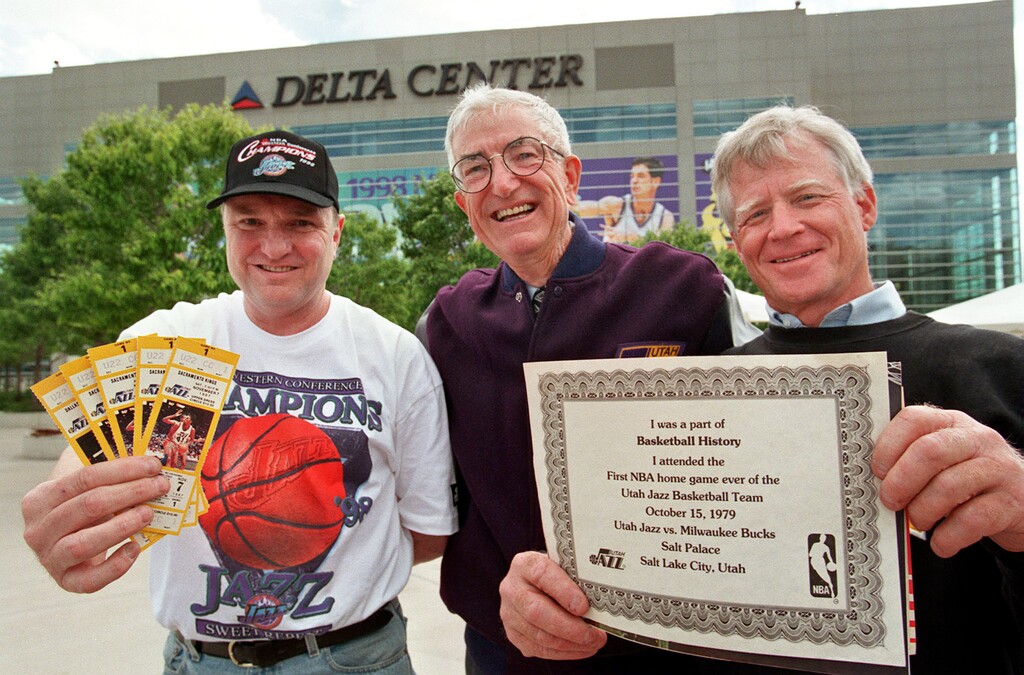 (Tribune File Photo) Guy Thomas, an original ticket holder (left), Frank Layden, and Gordan Yates reminisce of past Jazz seasons at the Delta Center, later known as EnergySolutions Arena and then Vivint Arena.