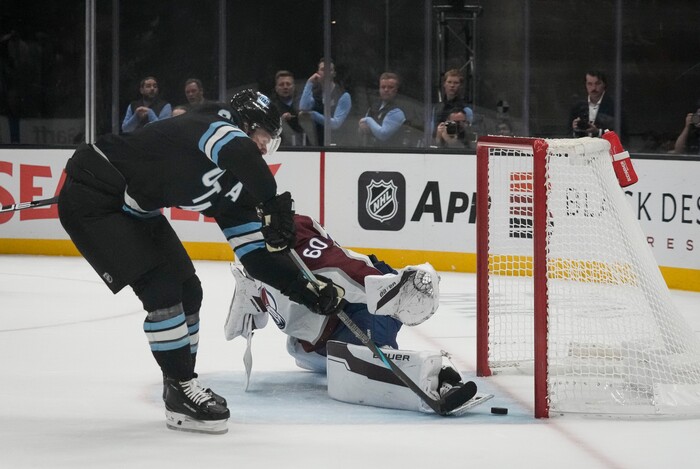 (Bethany Baker | The Salt Lake Tribune) Utah Hockey Club left wing Matias Maccelli (63) scores as Colorado Avalanche goaltender Justus Annunen (60) defends during the game between the Utah Hockey Club and the Colorado Avalanche at the Delta Center in Salt Lake City on Thursday, Oct. 24, 2024.