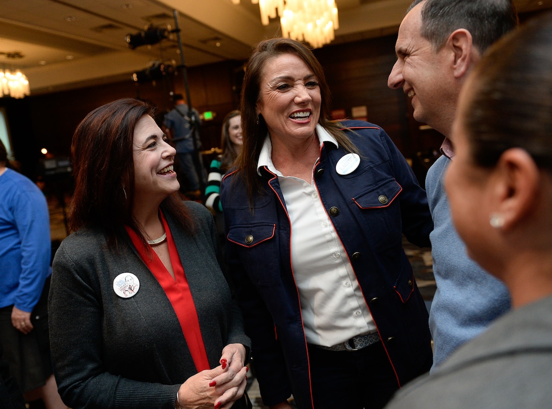 (Francisco Kjolseth  |  The Salt Lake Tribune)  Michelle Kaufusi, center, celebrates her win as Provo mayor at the Provo Marriott Hotel & Conference Center Tuesday, Nov. 7, 2017. 