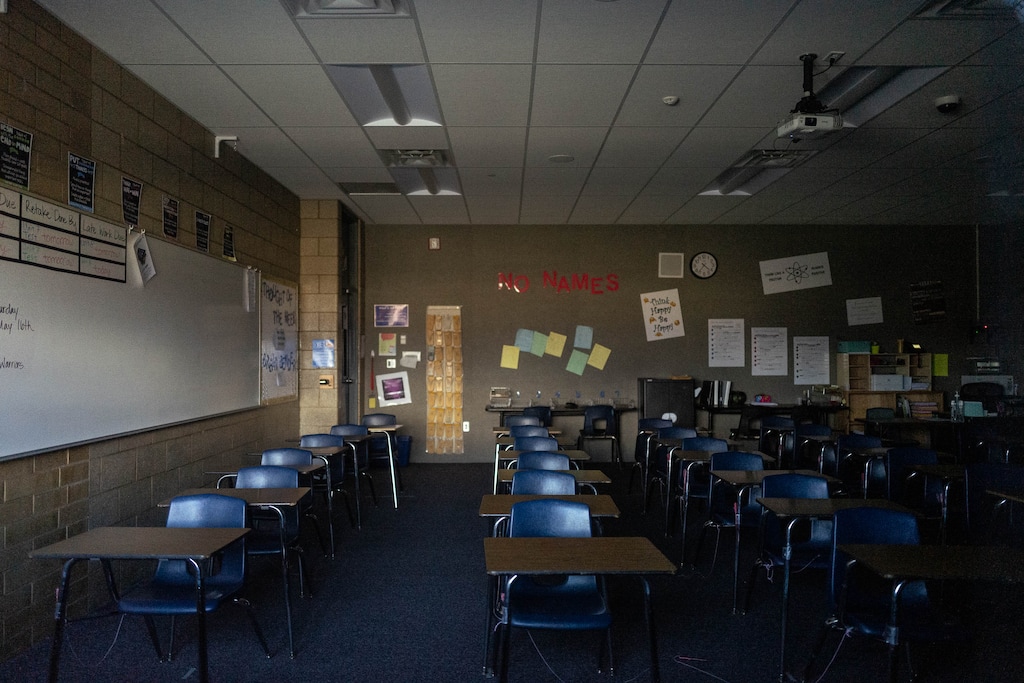 (Trent Nelson  |  The Salt Lake Tribune) An empty classroom at Elk Ridge Middle School in South Jordan, on Thursday, April 2, 2020.