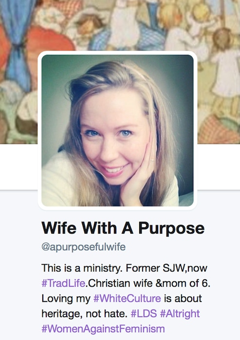 The Wife With A Purpose twitter account propagates racist "alt right" views that the writer says are supported by LDS doctrine.