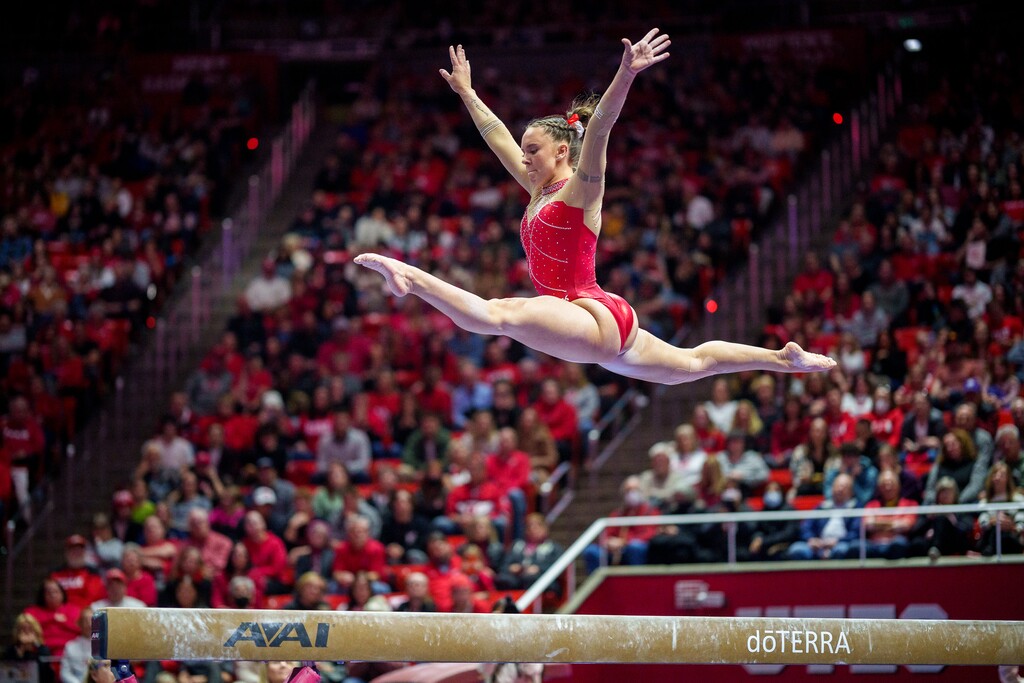 (Trent Nelson  |  The Salt Lake Tribune) Maile O'Keefe scores a 10 on the beam as Utah hosts UCLA, NCAA gymnastics in Salt Lake City on Friday, Feb. 3, 2023.
