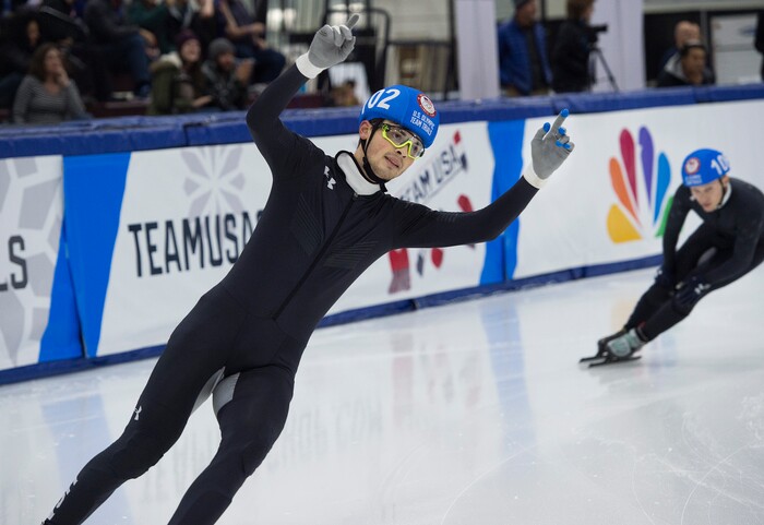 (Scott Sommerdorf   |  The Salt Lake Tribune)   
John-Henry Krueger celebrates a win in the men's 1000 meter final cinching his spot on the US Olympic team during day 3 of the U.S. short-track Olympic Team Trials at the Utah Olympic Oval, Sunday, December 17, 2017.  

