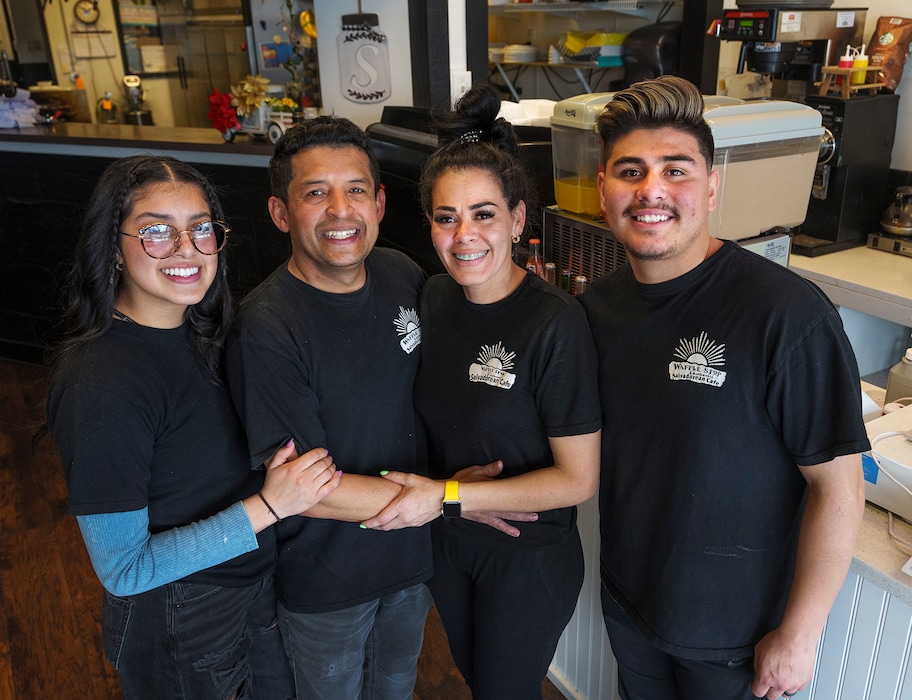 (Leah Hogsten | The Salt Lake Tribune) Melvin and Mayra Zelaya, center, have operated their Syracuse restaurant Waffle Stop and Authentic Salvadorean Cafe since 2019 with the help of their daughter Fabiola, 18, and son Leonidas, 23. Waffle Stop and Authentic Salvadorean Cafe serves Salvadoran fusion cuisine, including pupusas, waffles and tacos, March 29, 2023.