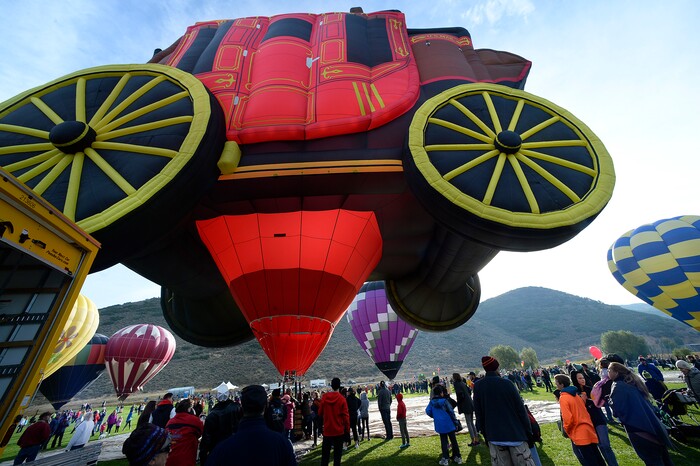 (Scott Sommerdorf | The Salt Lake Tribune)
The Wells Fargo coach stands inflated, but not launched at the 4th annual Autumn Aloft Hot Air Balloon Festival in Park City, Sunday, September 17, 2017.